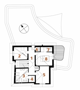 PODKROVÍ: 1 chodba, 2 pokoj, 3 koupelna + WC, 4 sauna, 5 pokoj, 6 WC, 7 koupelna, 8 ložnice, 9 terasa