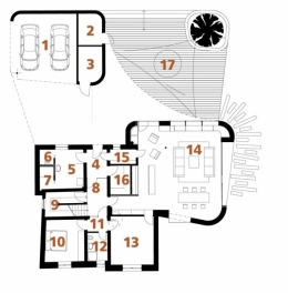PŘÍZEMÍ: 1 garážové stání, 2 a 3 sklad, 4 zádveří, 5 technická místnost, 6 WC, 7 sprcha, 8 chodba, 9 schodiště, 10 ložnice, 11 předsíň, 12 koupelna + WC, 13 pracovna, 14 obytný prostor, 15 spíž, 16 šatna, 17 terasa