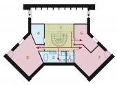Podkroví: 1 galerie, 2 WC, 3 koupelna, 4 komora, 5 pokoj, 6 a 7 pokoj