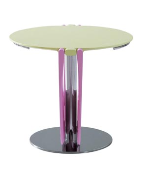 Rozkládací stolek Flap (Bonaldo), design Karim Rashid, výška 75 cm, průměr 90 až 150 cm, podnož chrom, deska stolu z polyuretanu ve třech barvách, cena 49 980 Kč, LIVING SPACE