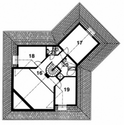 Půdorys podkroví domu: 16 galerie, 17 ložnice, 18 dětský pokoj, 19 dětský pokoj, 20 koupelna, 21 WC