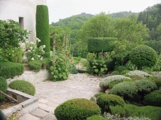 Tvarované dřeviny (topiary) pokračují i ve slunné části horní terasy na druhé straně domu: stříbřité keříky levadule a svantolíny ladí se světlou dlažbou