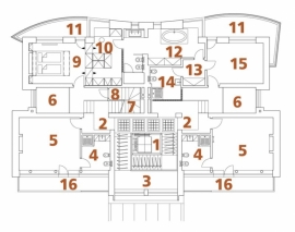 2. PODLAŽÍ: 1 schodiště + výtah, 2 hala, 3 domácí tělocvična, 4 koupelna + WC, 5 dětský pokoj, 6 průhled do 1. podlaží, 7 shodiště na terasu, 8 komora - shoz prádla, 9 ložnice rodičů, 10 šatna, 11 balkon, 12 koupelna + WC, 13 šatna, 14 koupelna + WC, 15 pokoj pro hosty, 16 balkon