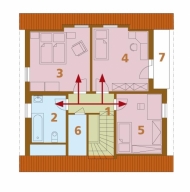 Podkroví: 1 hala, 2 koupelna + WC, 3 ložnice rodičů, 4 a 5 dětský pokoj, 6 šatna, 7 balkon