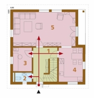 Přízemí: 1 hala, 2 WC, 3 domácí práce, 4 kuchyň + jídelna, 5 obývací pokoj, 6 terasa