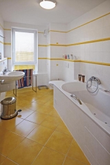 Zařizovací předměty a obklady s dlažbou byly součástí kupní smlouvy, koupelnové dopňky vybrala Iveta v ateliéru Design by Donlič