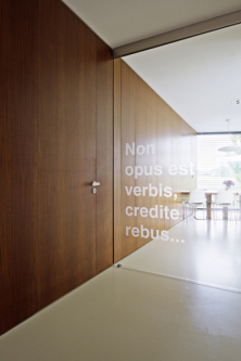 Důležitou zásadou návrhů architekta Aleše Říhy je volný prostup světla a průhled interiérem až ven do zahrady. Zde tuto úlohu plní atypické dveře z bezpečnostního skla s vypískovanými grafickými motivy