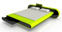 Dvoulůžková postel Glow Bed (Hollandia International), systém úložných prostor, dokovací jednotka pro mp3 přehrávač a systém integrovaných svítidel, cena od 81 760 Kč, HOLLANDIA INTERNATIONAL.