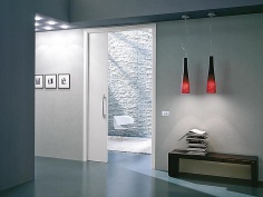 Elegantní jednokřídlé dveře ECLISSE s odnímatelnou horní pojezdovou kolejnicí (umožňuje po zabudování pouzdra nastavení koncového dorazu dveří, dodatečnou montáž synchronizace pro teleskop a pro dvoukřídlé dveře, instalaci protizávaží či elektrického pohonu)