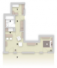 PŮDORYS: 1 šatna, 2 koupelna s WC, 3 předsíň, 4 kuchyň, 5 obývací pokoj, 6 ložnice, 7 zahrada