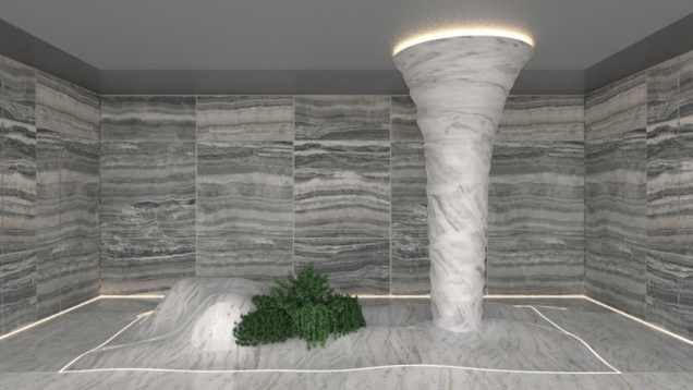 Lehkost větru se střetává s tíhou kamene, země se spojuje s nebem, zahrada zasažená bouří mění svůj tvar. Design Marco Piva, realizace Lavagnoli Marmi, Pellegrini Meccanica