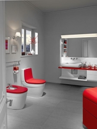Kombiklozet a bidet z kolekce Khroma (ROCA) se speciální měkkou úpravou sedátka (Roca Soft Texture®), ceny: klozet 25 231 Kč, bidet s poklopem 12 850 Kč, LAUFEN BATHROOM