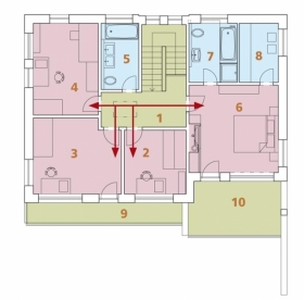 Patro: 1 hala, 2 pracovna, 3 a 4 dětský pokoj, 5 koupelna + WC, 6 ložnice rodičů, 7 koupelna + WC, 8 šatna, 9 a 10 balkon