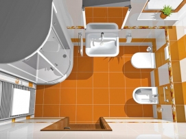 Do levého rohu designér umístil parní kabinu Steam Tower značky Villeroy &amp; Boch, která je vybavena hlavovou a ruční sprchou, bočními masážními tryskami, parním systémem, vnitřním osvětlením a integrovanými reproduktory. Čtvrtkruhové provedení pro jednu osobu stojí 269 670 Kč. Prostor v rohu zaujímá radiátor Ravak Extra o šířce 60 cm (cena 10 916 Kč) 