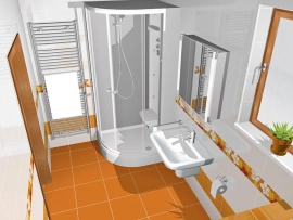 K obkladům ze série Felicity v oranžovo-bílé kombinaci designér vybral sanitární keramiku Omnia Architectura (Villeroy &amp; Boch). Umyvadlo o šířce 70 cm stojí 7 425 Kč. Ve druhé verzi se v prostoru u okna nacházejí závěsné WC (cena 6 575 Kč, sedátko 1 875 Kč) a bidet (6 160 Kč). Ceny dlažeb, obkladů a sanitárního vybavení jsou uvedeny bez DPH
