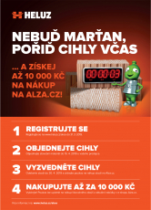 Ještě měsíc zbývá stavebníkům, kteří chtějí za nákup cihel HELUZ získat poukaz v hodnotě až deset tisíc korun na útratu v e-shopu Alza.cz. Společná akce společnosti HELUZ a internetového obchodu Alza.cz skončí 31. března 2019. Tento den bude poslední, kdy se bude možné registrovat na stránkách www.heluz.cz/akce. (Zdroj: HELUZ)