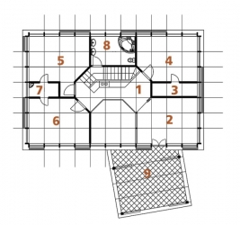 PODKROVÍ: 1 galerie, 2 pracovna, 3 šatna, 4 ložnice, 5 a 6 dětský opkoj, 7 koupelna, 8 koupelna + WC, 9 terasa