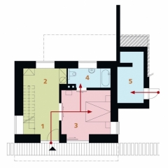 SUTERÉN: 1 vstup, 2 kotel, 3 ložnice, 4 koupelna + WC, 5 sklad