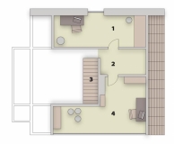 2. podlaží: 1/ pracovna, 2/ galerie, 3/ schodiště, 4/ pracovna