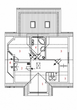 Patro: 1. galerie, 2.pracovna, 3. ložnice, 4. koupelna, 5. šatna, 6. balkon