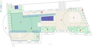 Plánek zahrady: 1. kobercový trávník, 2. katalpa (Catalpa bignonioides), 3. kamenná dlažba, 4. vodní plocha (okrasný bazének s kapry koi), 5. deštníkovitý platan (Platanus x acerifolia), 6. kulovité zimostrázy (Buxus sempervirens) s podsadbou břečťanu (Hedera helix), 7. kašna s hortenziemi (Hydrangea x macrophylla), 8. bílé hortenzie (Hydrangea arborescens Anabelle), 9. habrový živý plot, výška 160 cm (Carpinus betulus), 10. tisové živé plůtky, výška 60 a 100 cm (Taxus baccata), 11. zimostráz a břečťan kolem plastiky