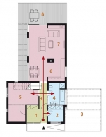 PŘÍZEMÍ: 1 zádveří, 2 technická místnost, 3 chodba, 4 koupelna + WC, 5 dětský pokoj, 6 kuchyň + jídelna, 7 sezení, 8 terasa, 9 garážové stání