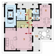 Přízemí: 1 zádveří, 2 technická místnost, 3 garáž, 4 WC, 5 šatna , 6 spíž, 7 hala, 8 kuchyň + jídelna, 9 obývací pokoj, 10 terasa