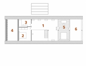 PODKROVÍ: 1 galerie - knihovna, 2 ložnice, 3 koupelna + WC, 4 vířivková hala, 5 pokoj dcery, 6 terasa