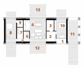 PŘÍZEMÍ: 1 závětří, 2 zádveří, 3 sklad, 4 obytný prostor, 5 chodba, 6 koupelna + WC, 7 technická místnost, 8 hala s vířivkou, 9 sauna, 10 pokoj pro hosty, 11 kryté stání pro auto, 12 a 13 terasa