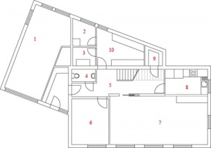 Druhé patro: 1. hala, 2. šatna, 3. pokoj dívek, 4. pokoj chlapce, 5. WC, 6. koupelna, 7. koupelna, 8. pracovna, 9. ložnice