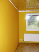 Jako základní odstín malby jsme zvolili bílou, do dětského pokoje a ložnice oranžovou a zelenou.