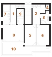 PATRO: 1+2 chodba, 3 koupelna, 4 WC, 5+6 dětský pokoj, 7 koupelna + WC, 8 ložnice rodičů, 9 sauna, 10 terasa