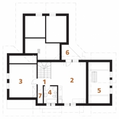 PODKROVÍ: 1 hala, 2 obytný prostor babičky, 3 ložnice, 4 koupelna + WC, 5 ložnice dcer, 6 balkon, 7 komora