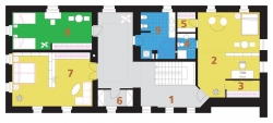 PATRO: 1 hala, 2 pokoj dcery, 3 šatna, 4 koupelna + WC, 5 šatna, 6 komora, 7 pokoj, 8 pokoj, 9 koupelna + WC
