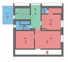 PATRO: 1 hala, 2 koupelna, 3 WC, 4 kuchyň, 5 a 6 pokoj, 7 terasa, 8 půda