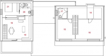  Patro: 1)galerie, 2)předsíň, 3)koupelna, 4)ložnice, 5)šatna, 6)toaleta 