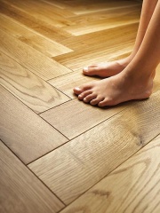 Třívrstvá dřevěná podlaha Trend Time 3, dub, vrchní vrstva z masivního dřeva o tloušťce cca 2,5 mm, zámek Allroundclick, pokládá se do vzoru "rybí kosti", cena od 2 177 do 2 259 Kč za metr čtvereční (ASKO)