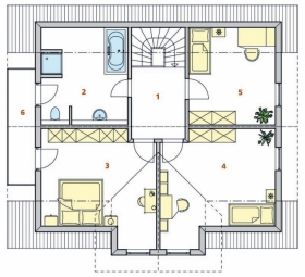 PODKROVÍ: 1 hala, 2 koupelna + WC, 3 ložnice, 4 a 5 dětský pokoj, 6 balkon