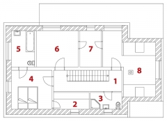PODKROVÍ: 1 hala, 2 šatna, 3 koupelna+WC, 4 ložnice, 5 koupelna+WC, 6 ložnice, 7 šatna, 8 pokoj 