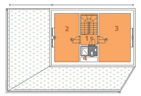 PODKROVÍ: 1 hala, 2 a 3 dětský pokoj, 4 koupelna + WC