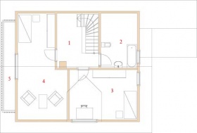 Podkroví: 1. chodba, 2. koupelna + WC + technická místnost, 3. dětský pokoj, 4. dětský pokoj, 5. balkon