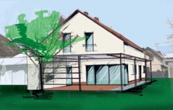 Dřevěná terasa plynule přechází do pergoly táhnoucí se až k hlavnímu vchodu