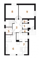 PŮVODNÍ STAV: 1 zádveří, 2 hala, 3 WC, 4 spíž, 5 koupelna, 6 obývací pokoj, 7 kuchyň, 8 a 9 pokoj