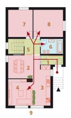 NÁVRH A: 1 předsíň, 2 jídelna, 3 kuchyň, 4 obývací pokoj, 5 hala, 6 koupelna + WC, 7 a 8 pokoj, 9 terasa