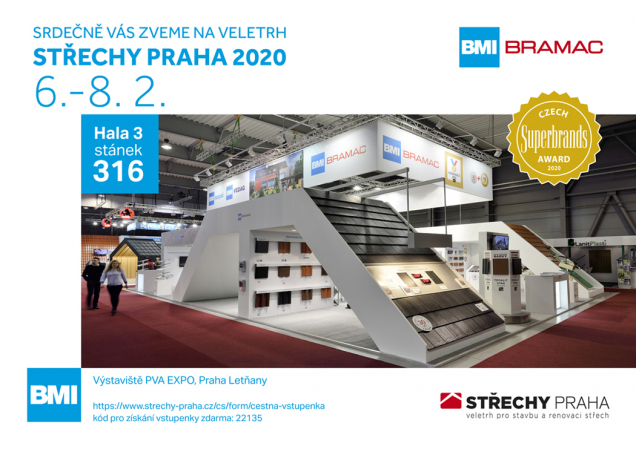 BRAMAC, přední český výrobce a dodavatel střešních krytin a doplňků, se již tradičně zúčastní veletrhu Střechy Praha 2020, který proběhne ve dnech 6.–8. února na výstavišti v Letňanech. Na stánku o rozloze 228 m2 bude vystavovat společně s firmou ICOPAL VEDAG, která je stejně jako BRAMAC součástí nadnárodní skupiny BMI Group. (Zdroj: Bramac)