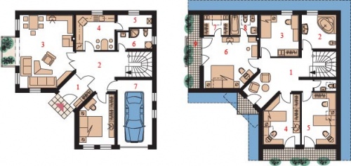 Půdorys přízemí (vlevo): 1. předsíň, 2. hala, 3. obývací pokoj, 4. kuchyň, 5. spíž, 6. koupelna + WC, 7. garáž, půdorys podkroví (vpravo): 1. hala, 2. koupelna + WC, 3. ložnice, 4. ložnice, 5. ložnice, 6. ložnice rodičů, 7. šatna, 8. koupelna, 9. lodžie, 10. balkon, 11. lodžie