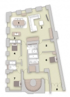 PŮDORYS: 1 jídelní stůl, 2 obývací pokoj, 3 kuchyň, 4 ložnice, 5 pracovna, 6 ložnice, 7 ložnice, 8 balkon