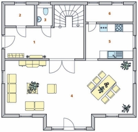 PŘÍZEMÍ: 1 vstupní hala, 2 technická místnost, 3 WC, 4 obytný prostor, 5 kuchyň, 6 spíž