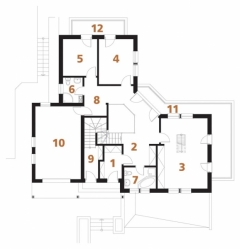 PŘÍZEMÍ: 1 zádveří, 2 hala - galerie, 3 dětský pokoj, 4+5 pokoj, 6+7 koupelna a WC, 8 šatna, 9 vstup do bytu v podkroví, 10 garáž, 11+12 balkon
