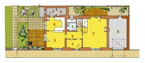 PŘÍZEMÍ: 1 zádveří, 2 chodba, 3 jídelna, 4 kuchyň, 5 spíž, 6 technická místnost, 7 obývací pokoj, 8 garáž, 9 koupelna, 10 WC, 11 atrium, 12 terasa s pergolou 